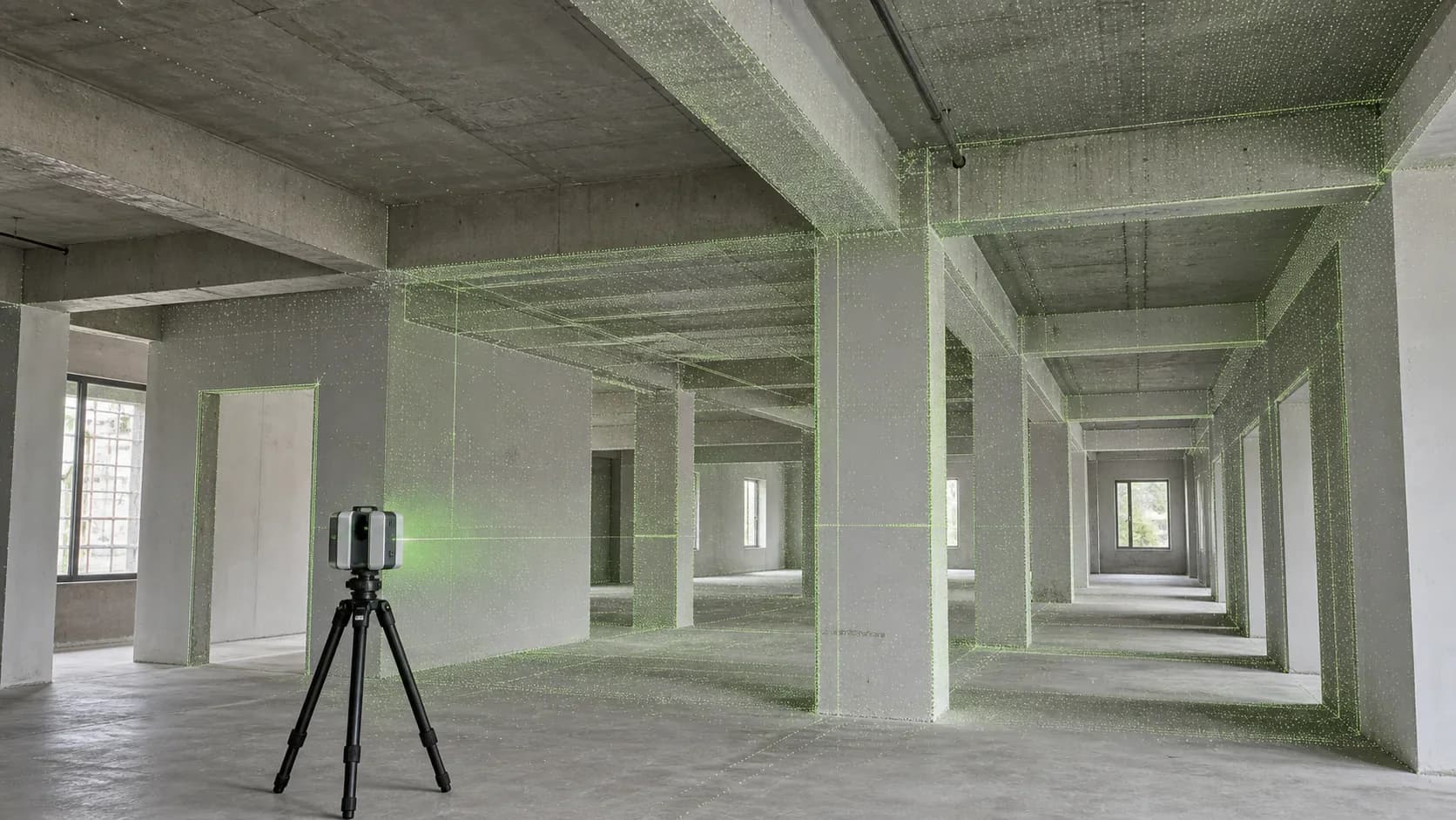 Исполнительная съемка методом 3D-сканирования построенного участка с колоннами, проемами и зеленым облаком точек