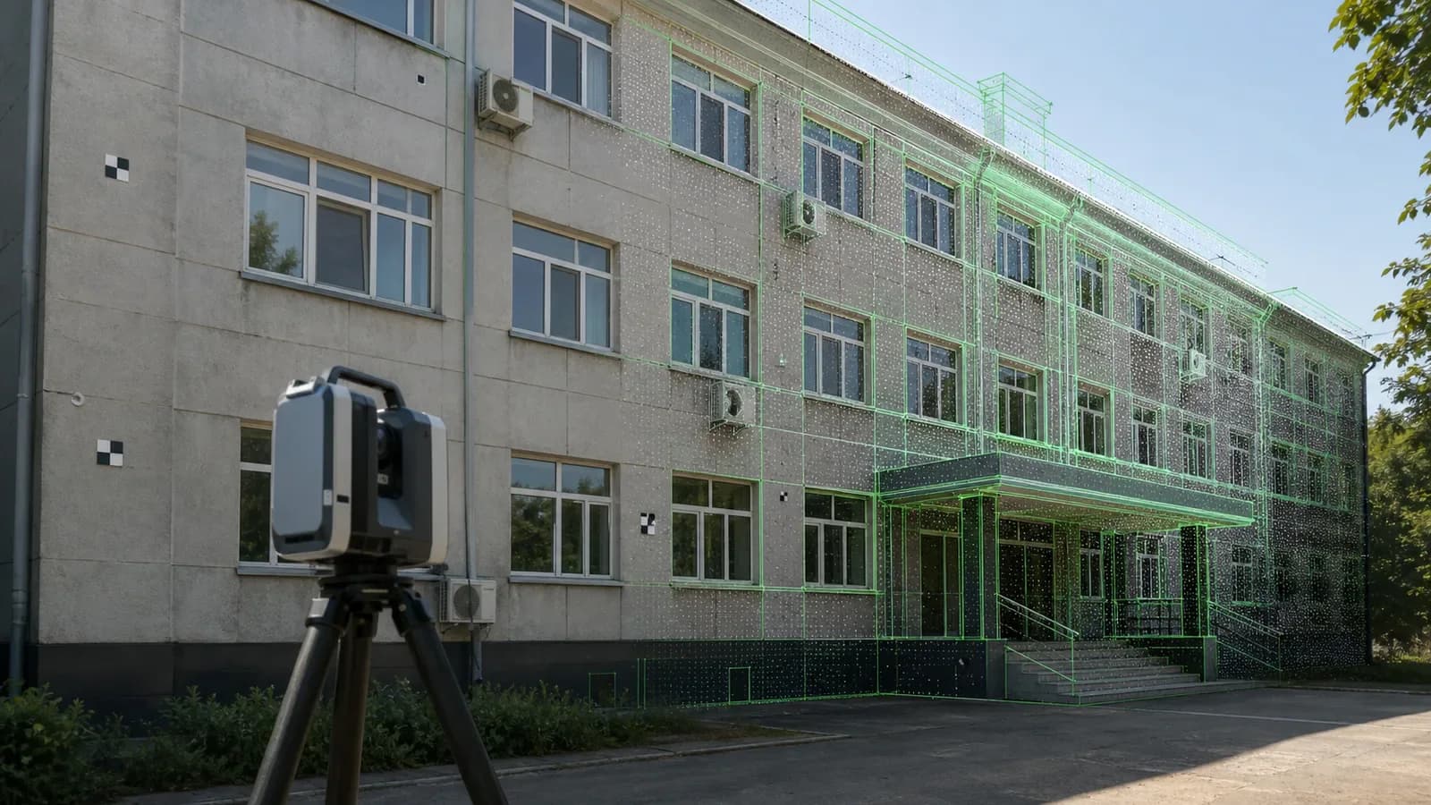 Обмеры здания перед реконструкцией с облаком точек и фасадной геометрией