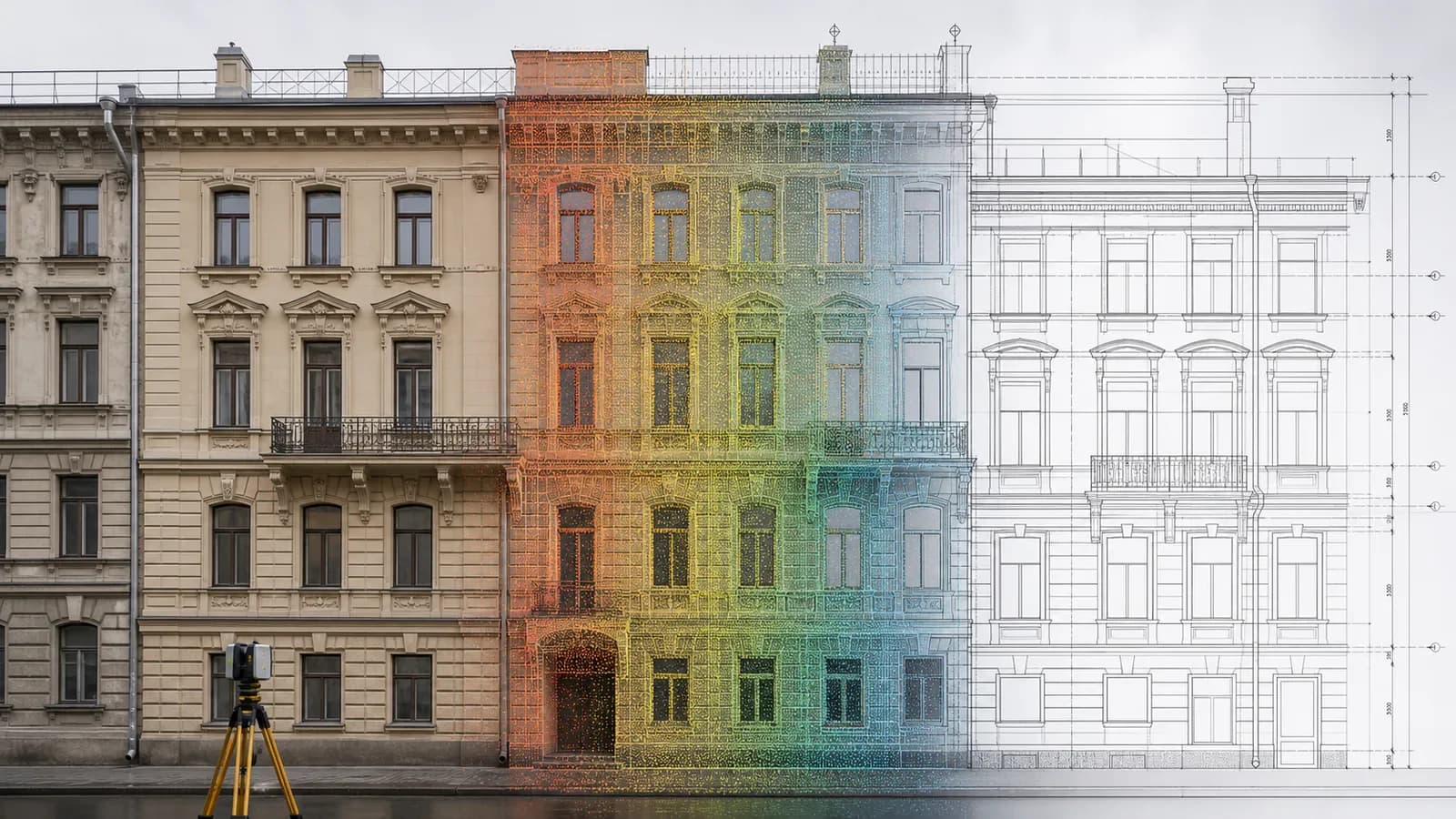 Фасад здания с облаком точек, CAD-разметкой и отметками геометрии