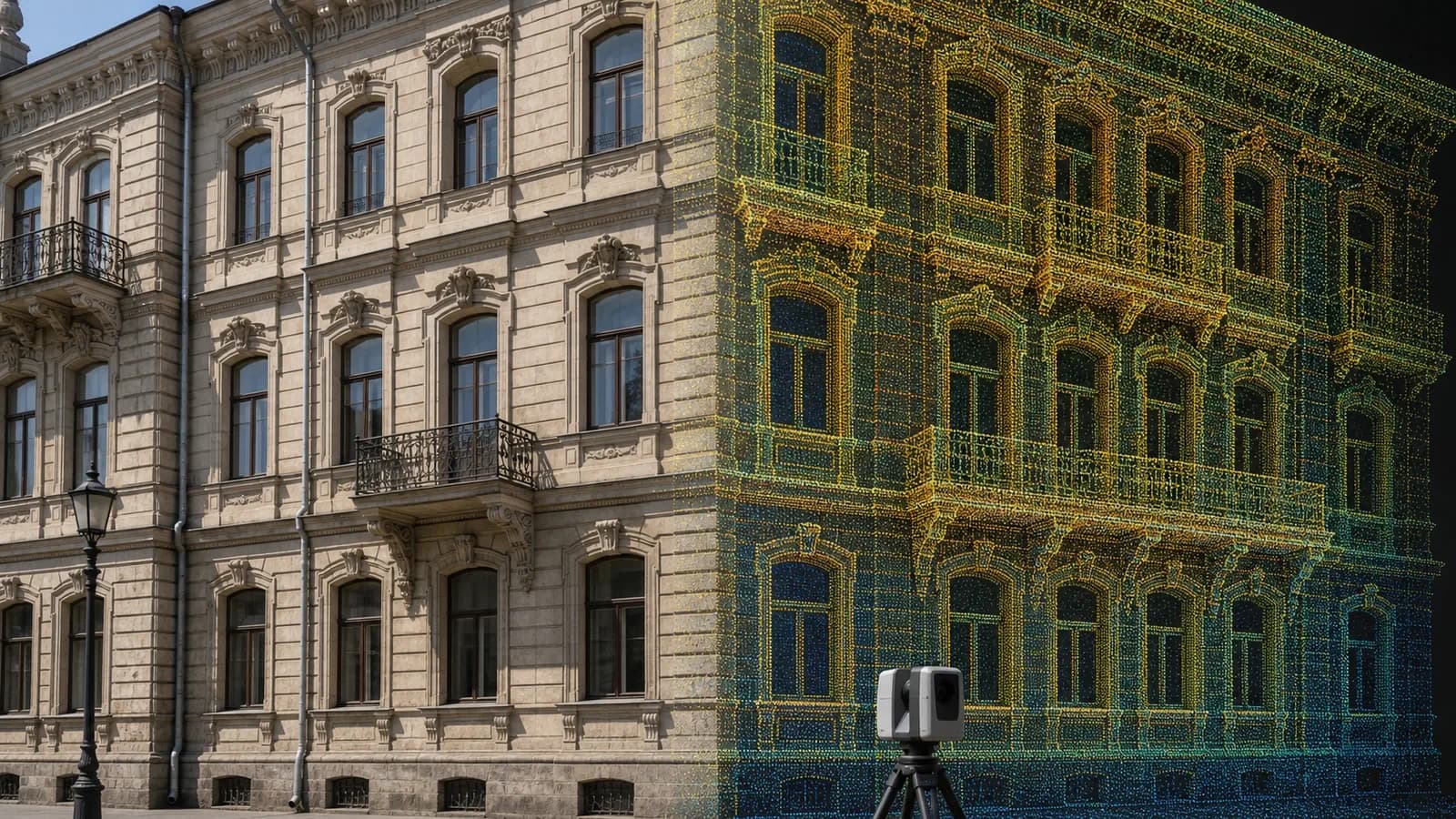 Фасад здания частично совмещенный с облаком точек после 3D-сканирования