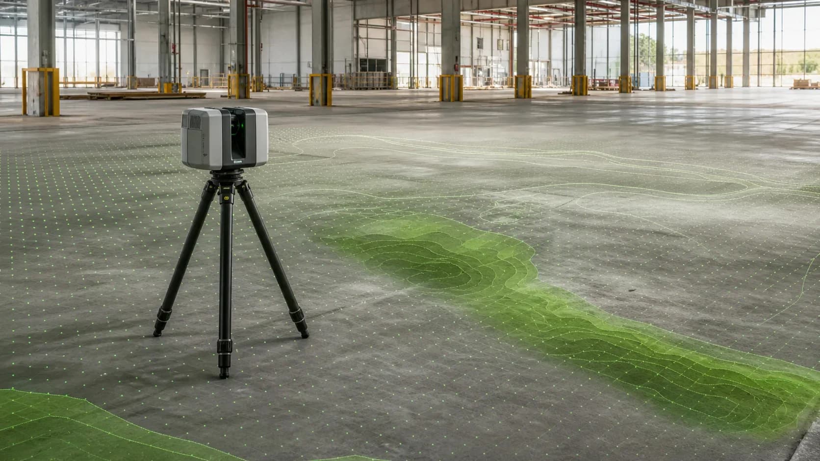 3D-сканирование промышленного пола для проверки ровности, перепадов и уклонов
