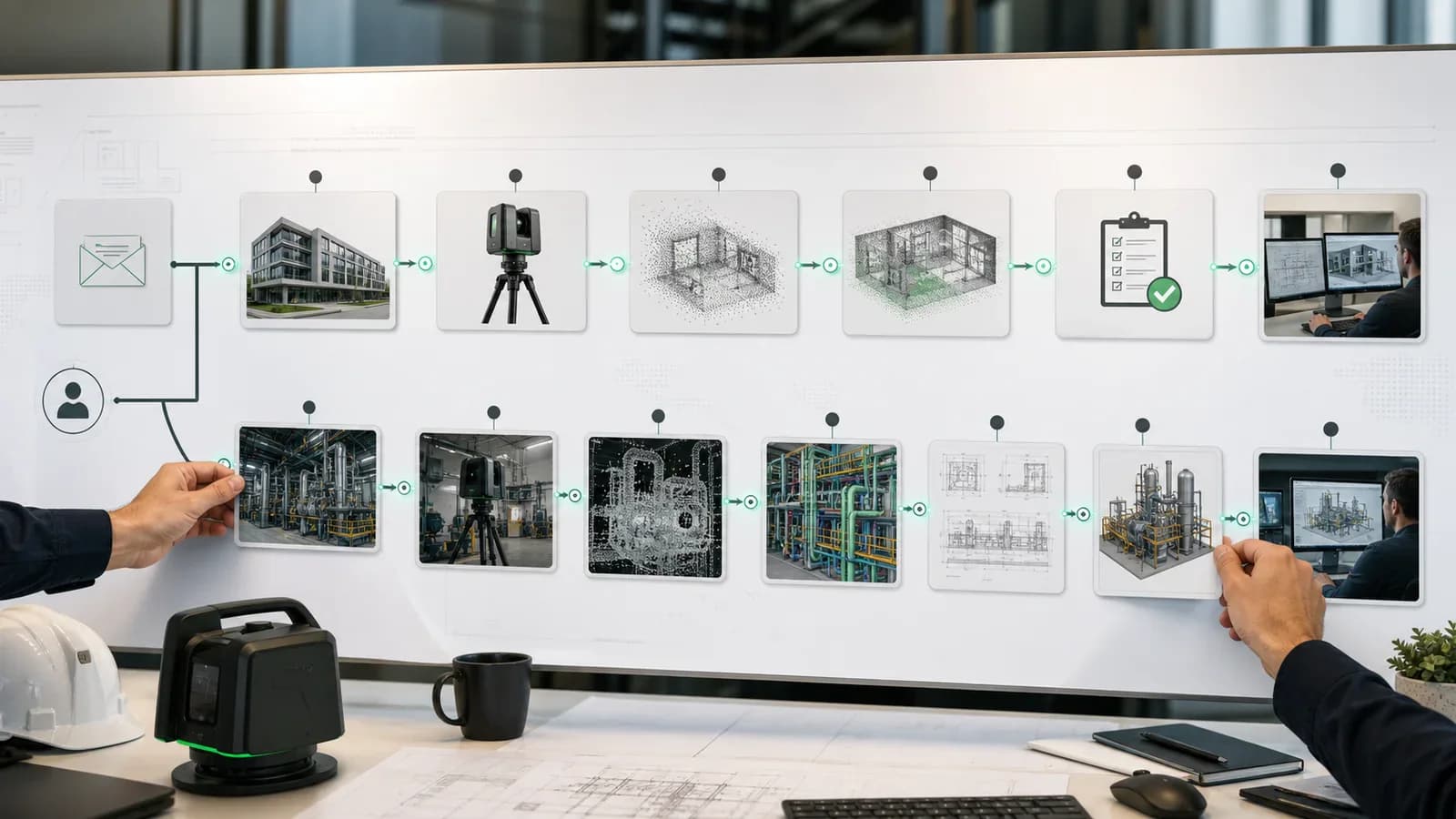 Инженерная шкала сроков 3D-сканирования от заявки и выезда до обработки, проверки и выдачи материалов