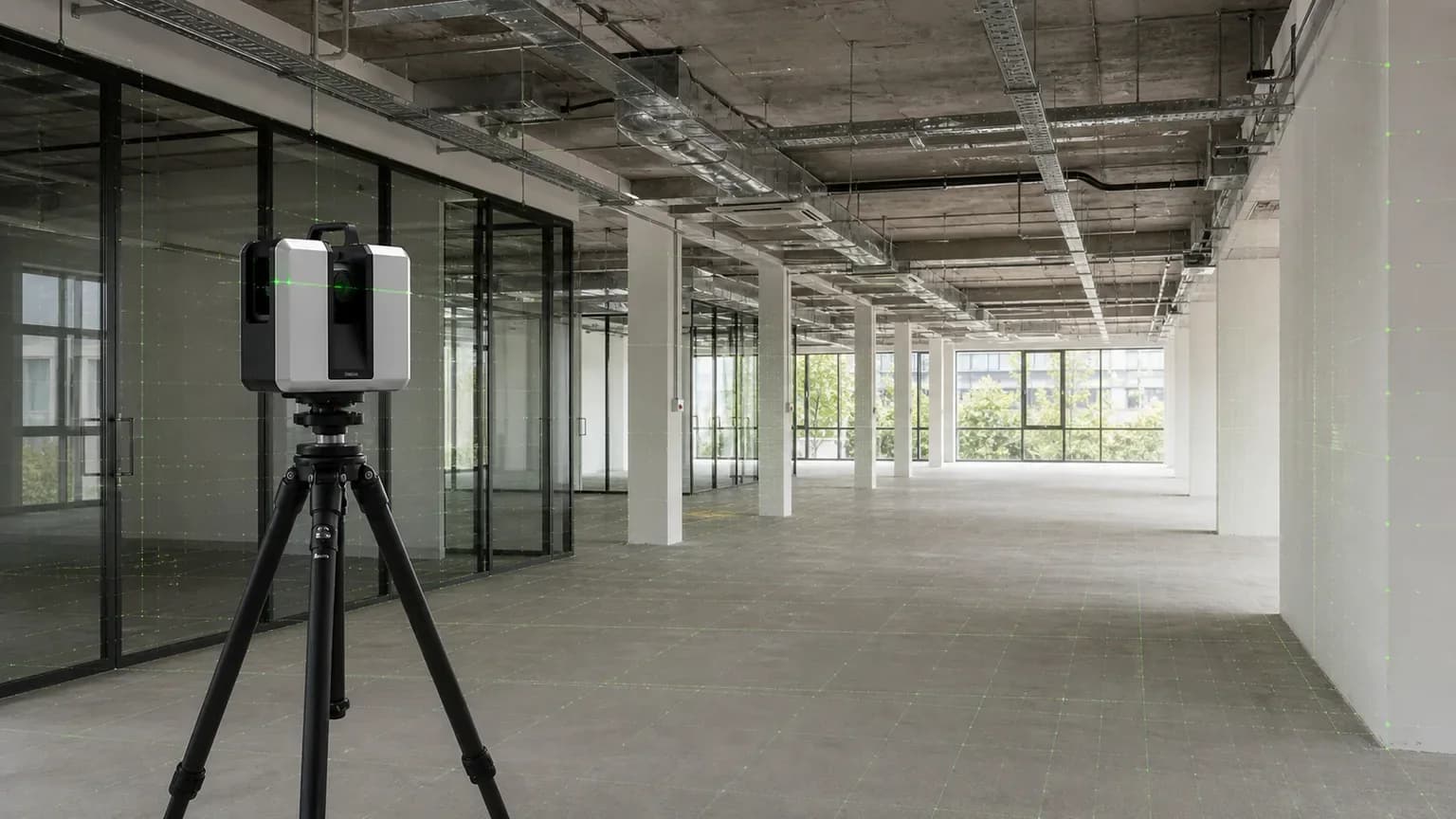 3D-сканирование офиса перед дизайн-проектом и реконструкцией с зеленой сеткой обмера