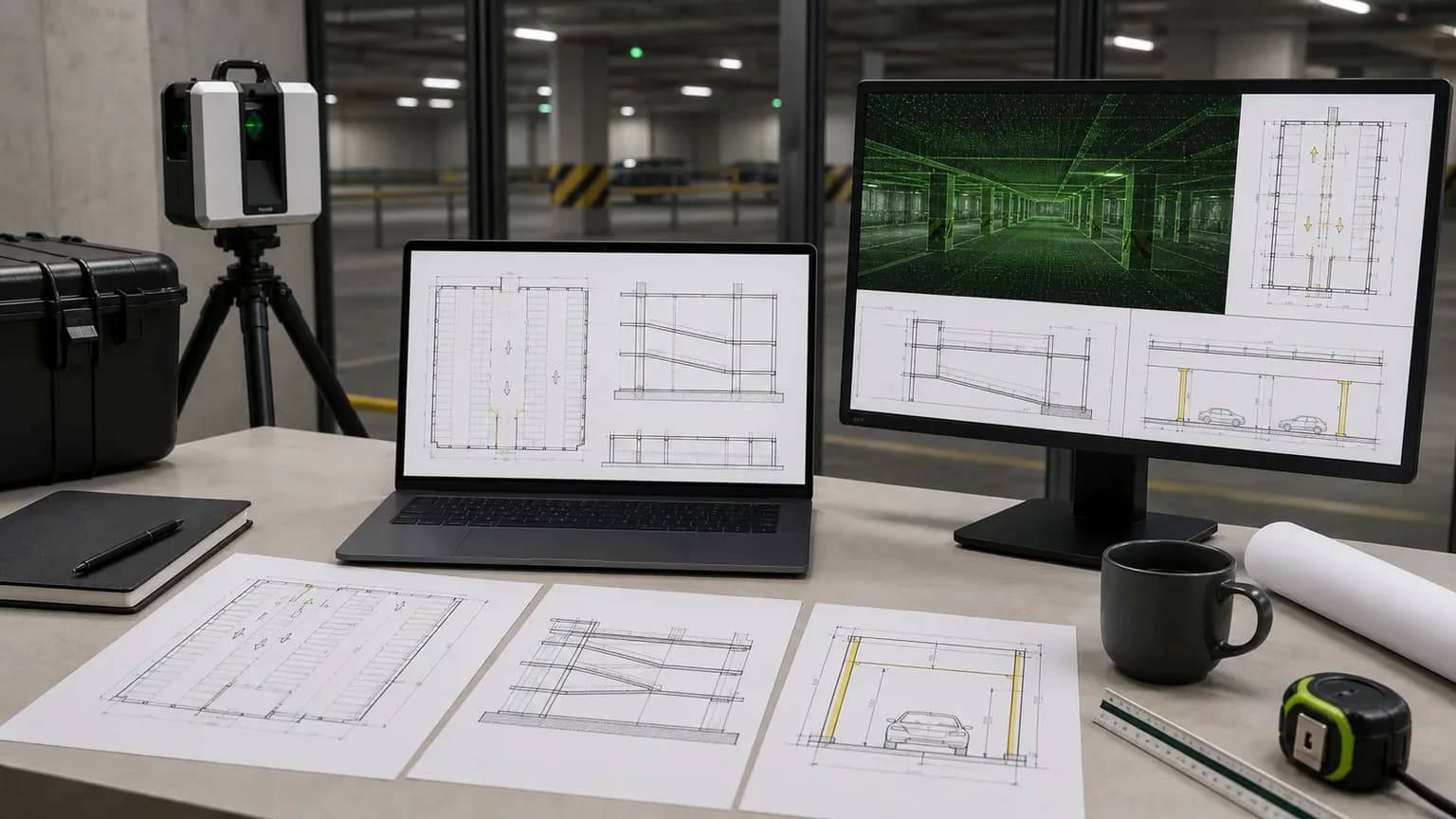 DWG и PDF материалы по результатам лазерного сканирования паркинга