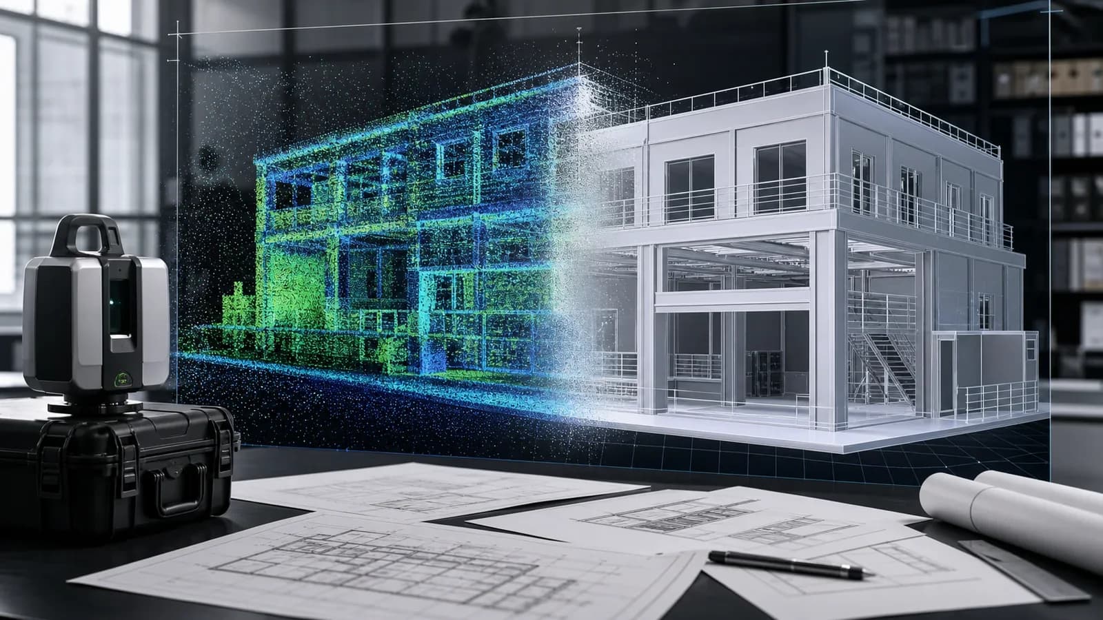 3D/CAD-модель здания по облаку точек рядом с исходным сканом и рабочими чертежами