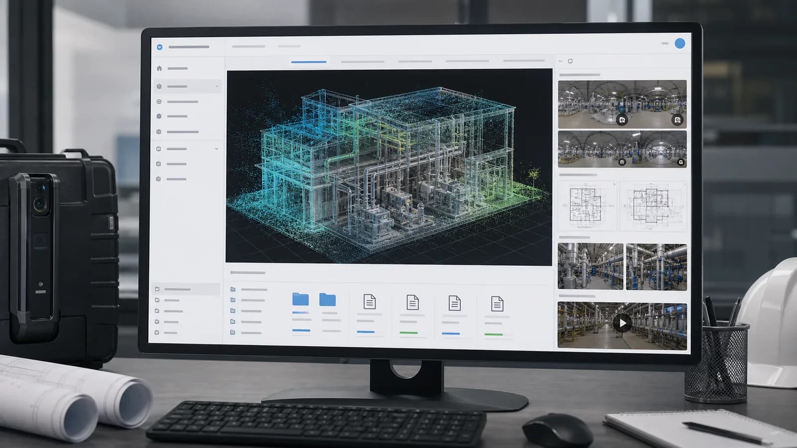 Рабочая зона проекта с 3D моделью, облаком точек, панорамами, чертежами и файлами