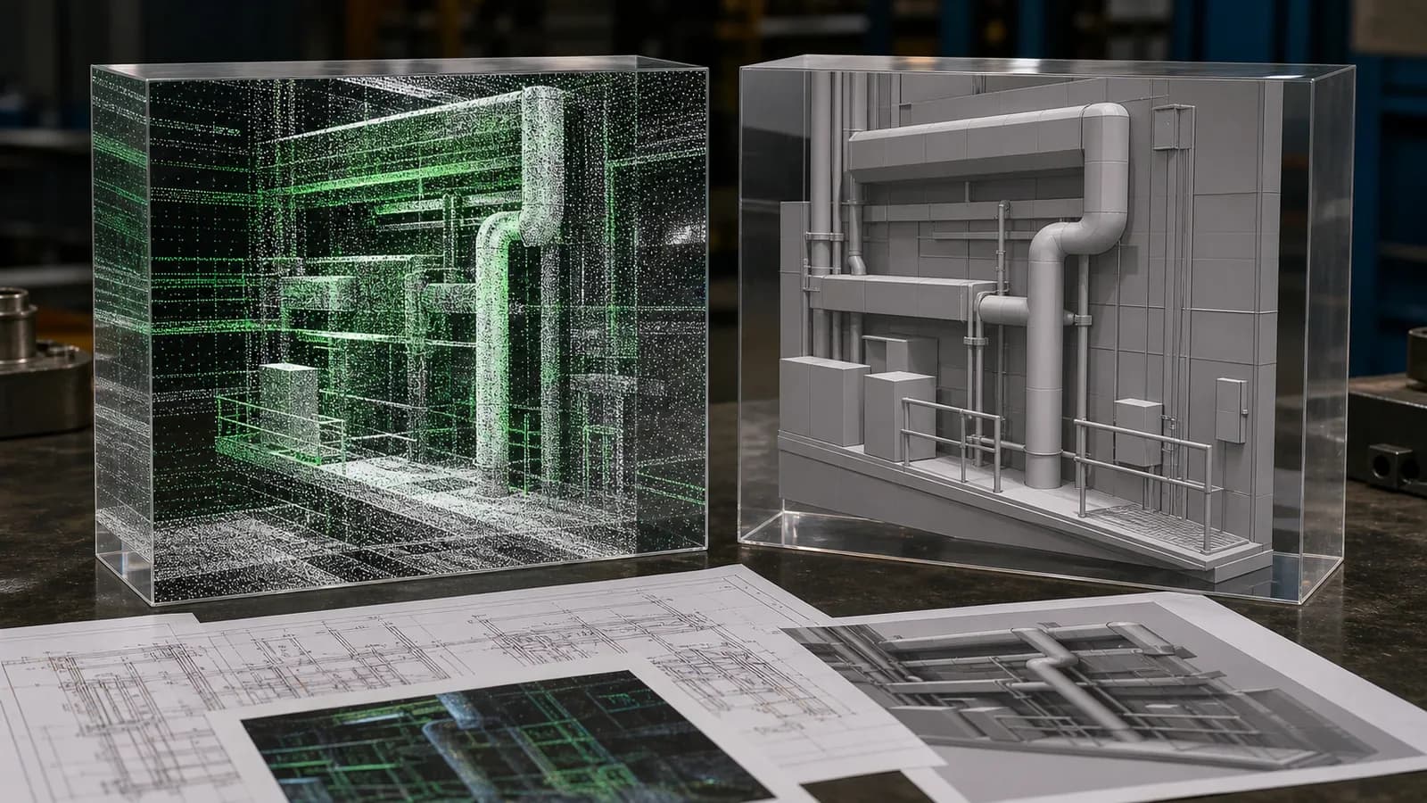 Облако точек рядом с упрощенной 3D/CAD-моделью здания