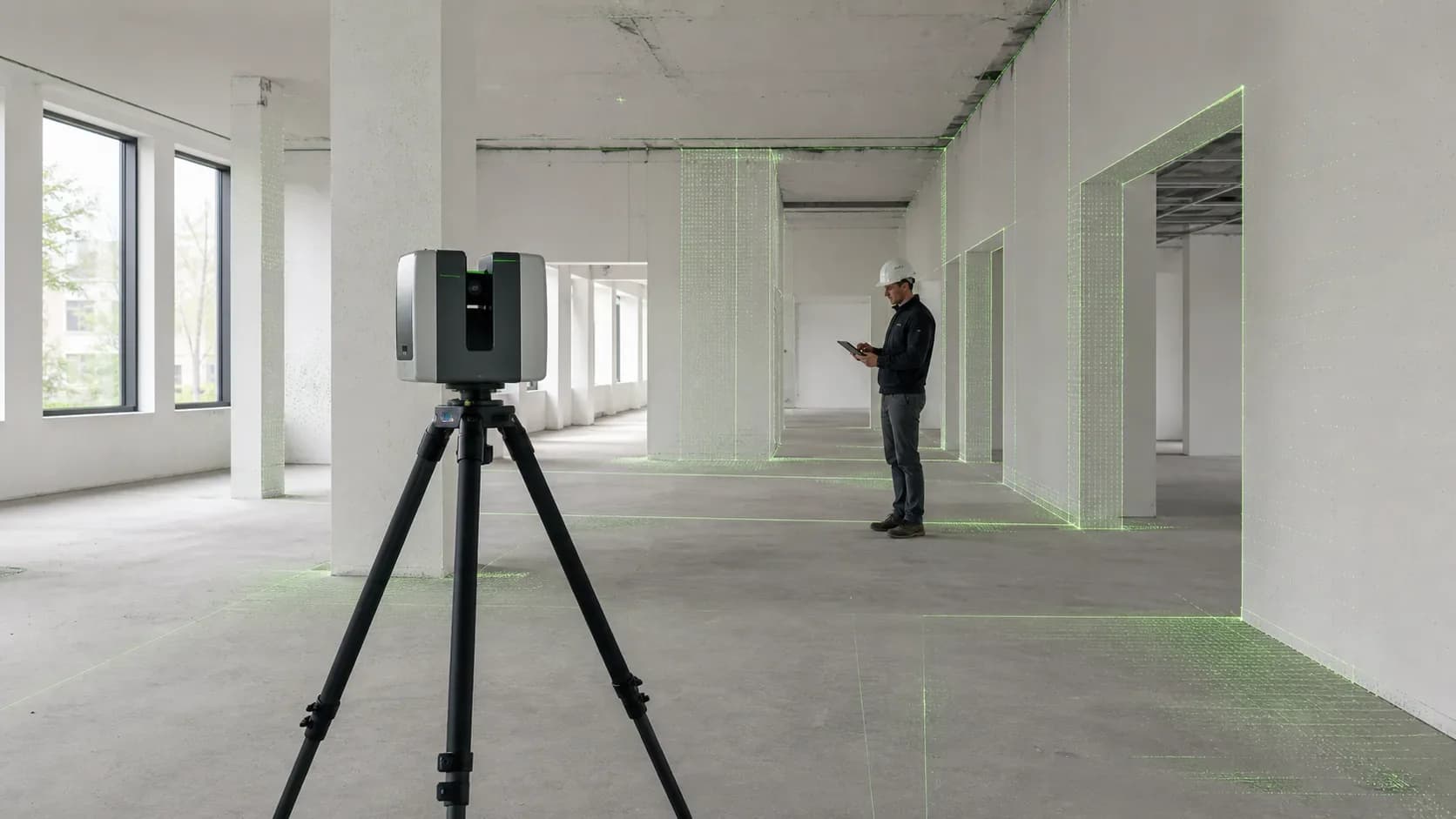 Лазерное 3D-сканирование помещения перед ремонтом с зеленой сеткой обмера