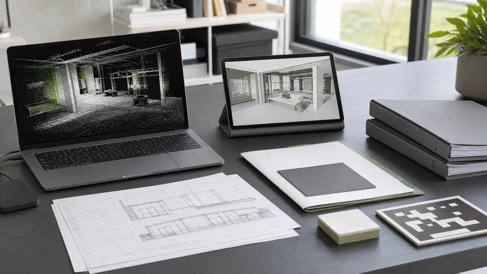 Рабочая зона проекта с облаком точек, DWG/PDF, 3D-моделью и пояснением для проектировщика