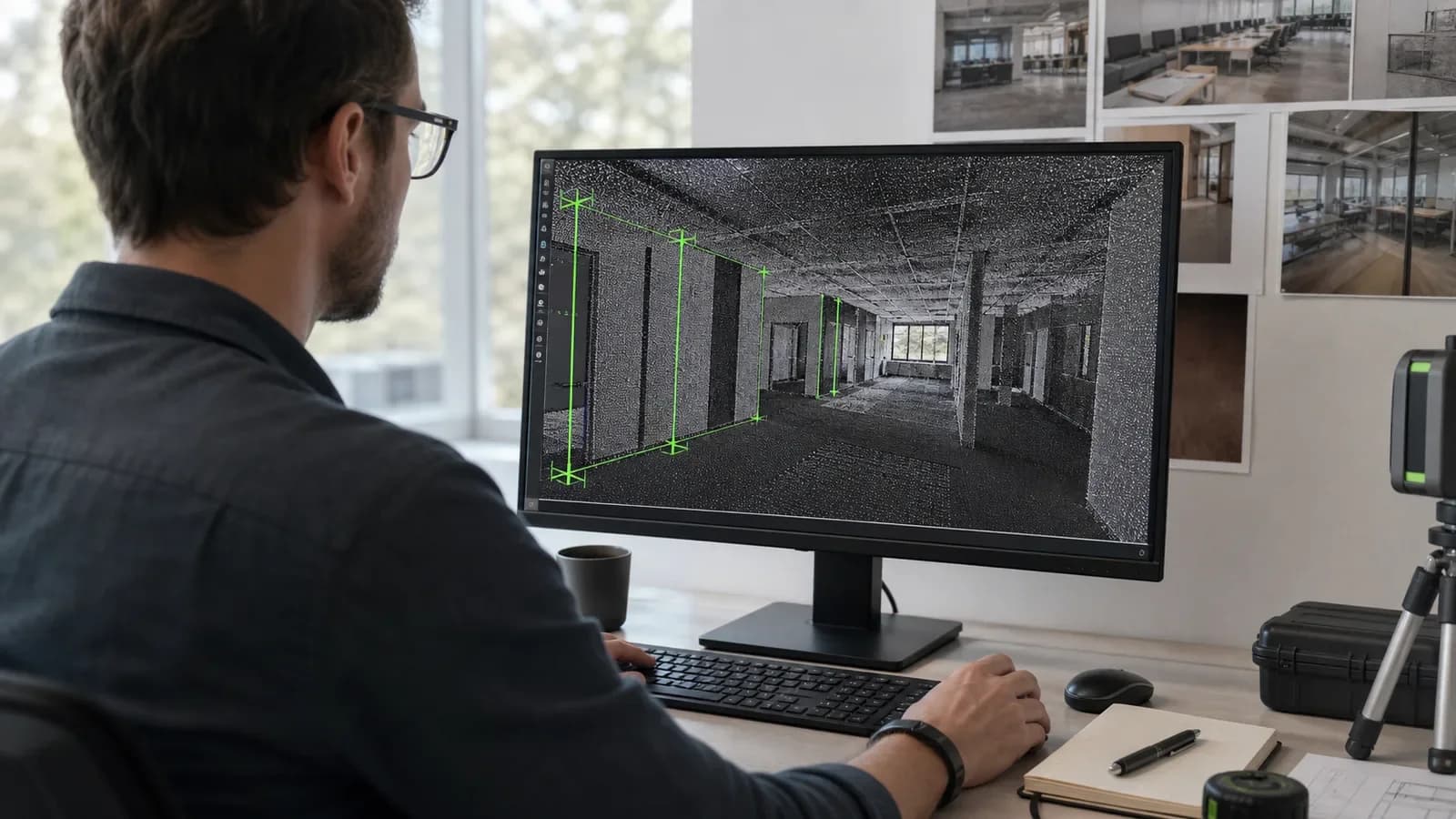 Проектировщик измеряет цифровое облако точек после лазерного 3D-сканирования