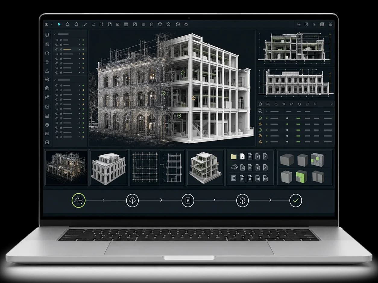 Ноутбук с экраном облака точек, BIM-модели, сечения и границ Scan-to-BIM