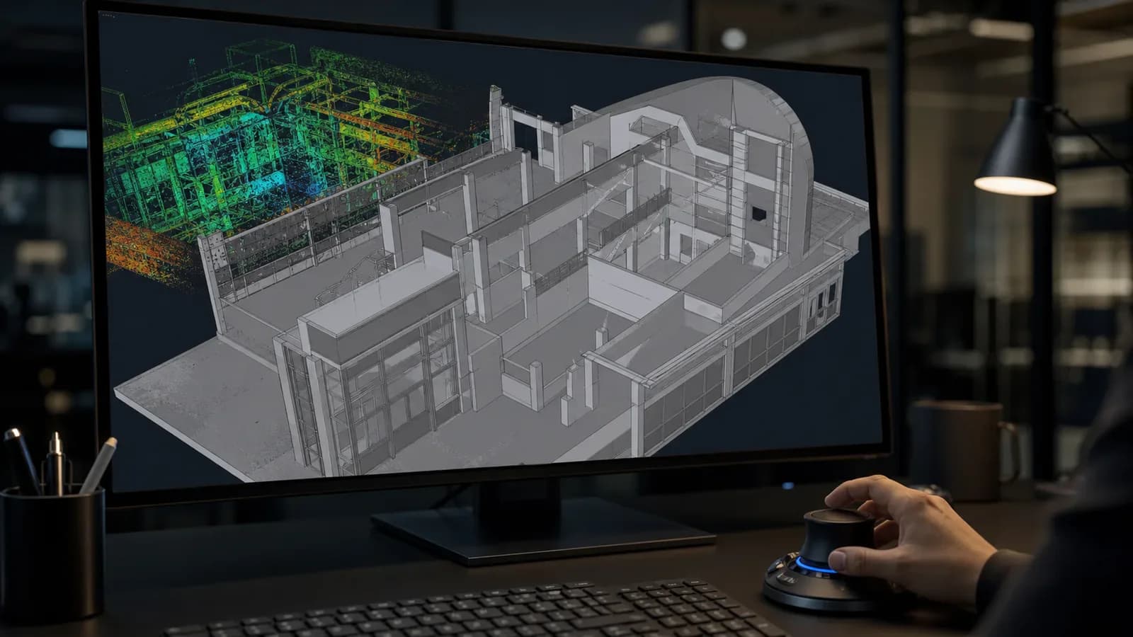3D CAD модель здания рядом с цветным облаком точек