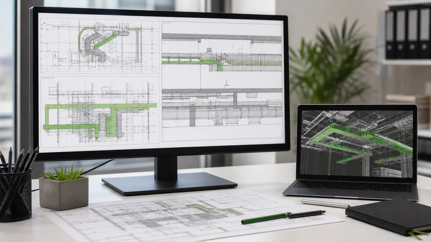 DWG и PDF материалы, сечения и облако точек по вентиляции и кабельным трассам
