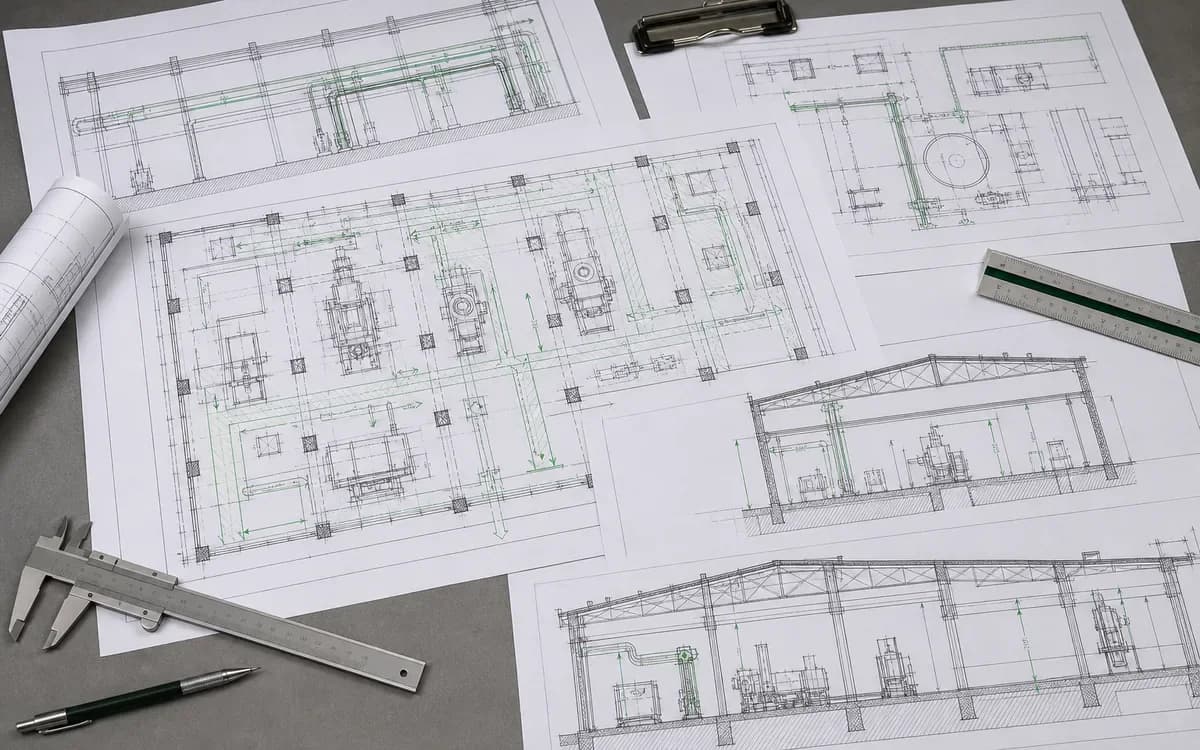 DWG/DXF-планы, сечения и проверки габаритов производственного цеха