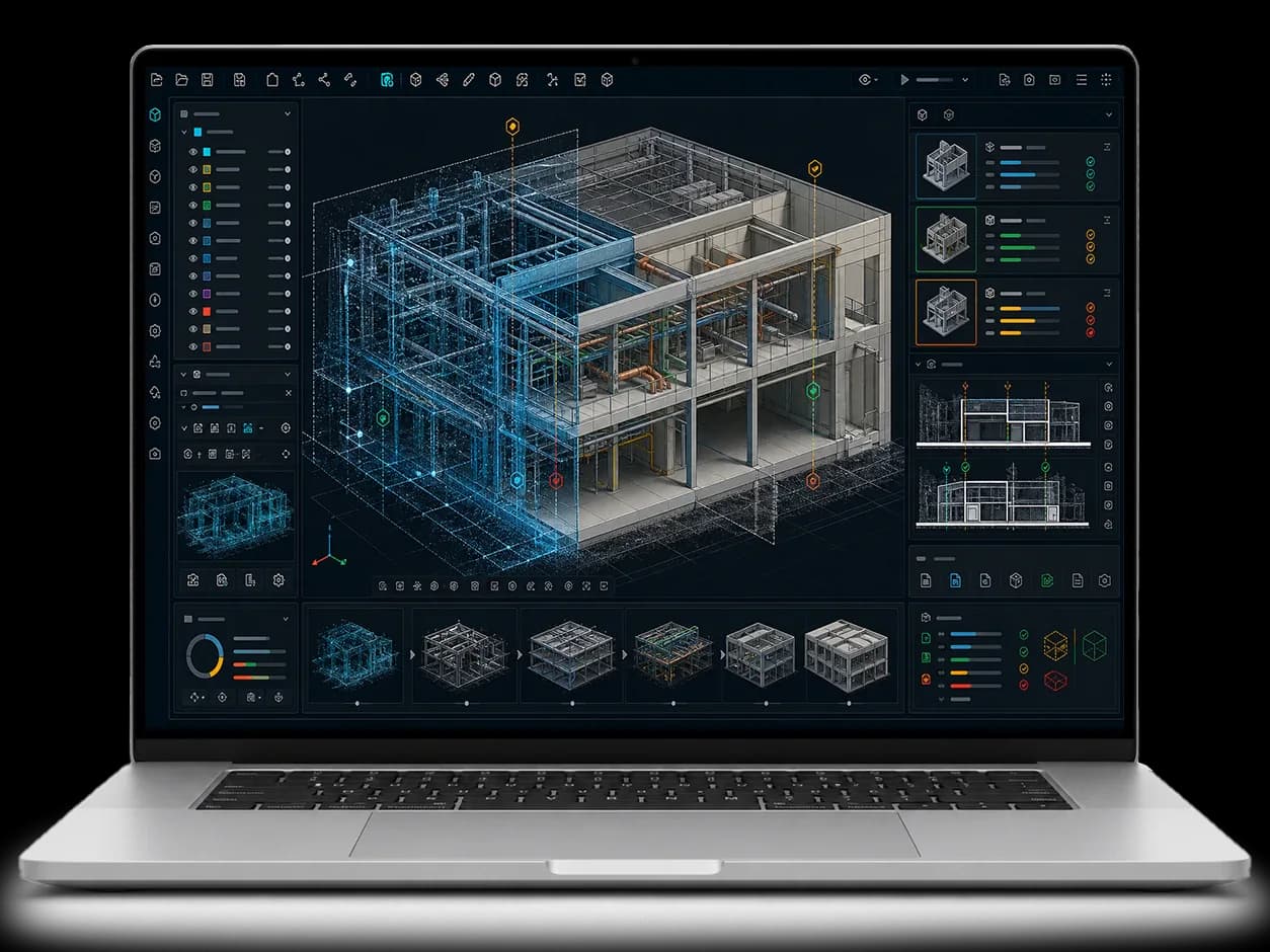 Ноутбук с экраном 3D CAD-модели по облаку точек и границ моделирования