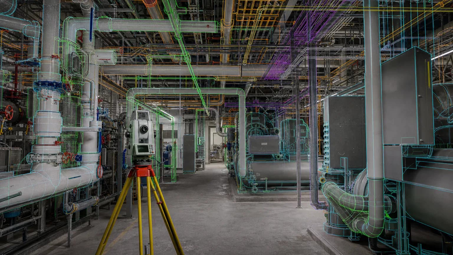 Лазерное сканирование инженерной зоны с трубами и оборудованием для BIM-модели