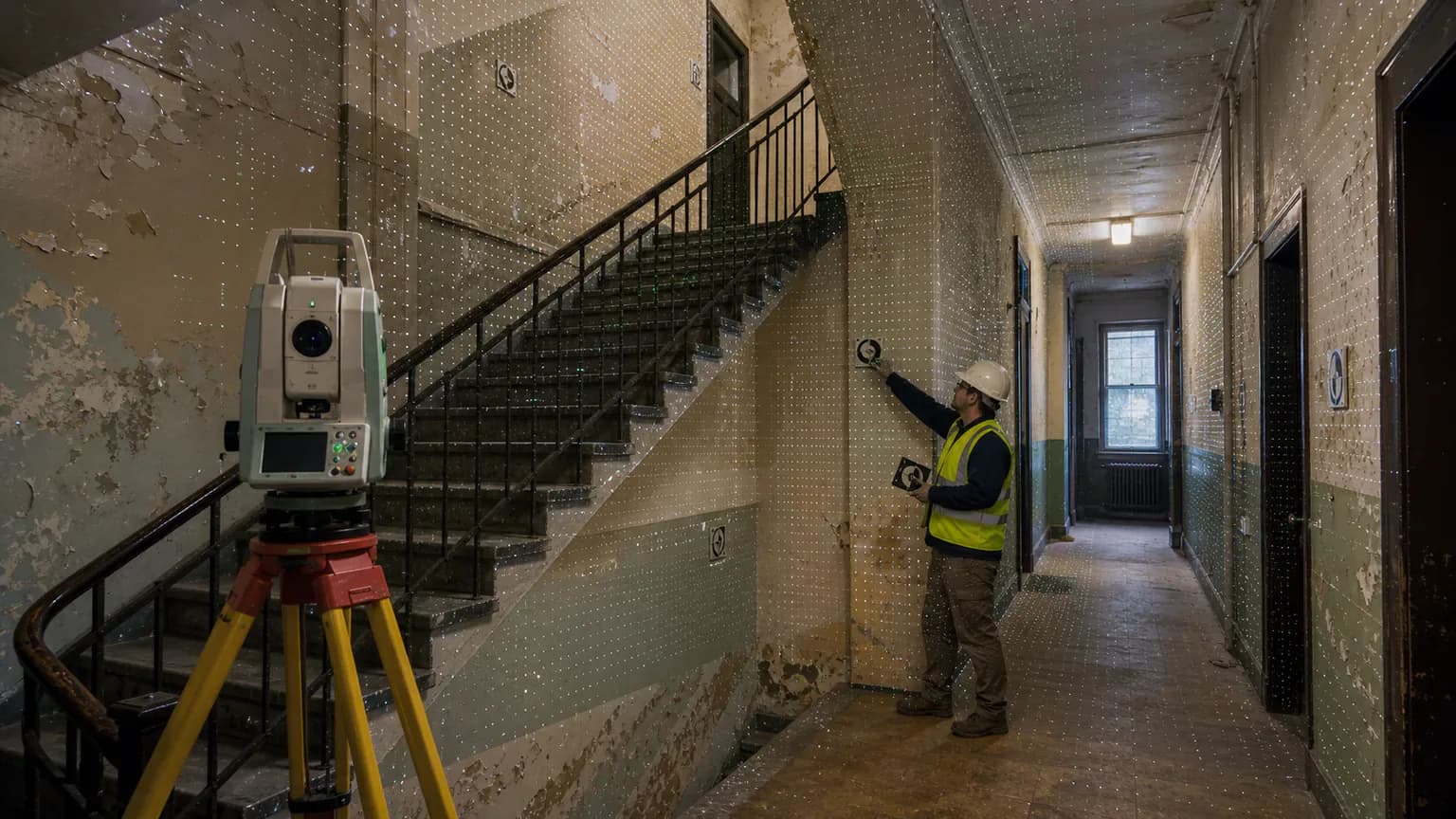Сканирование лестницы и коридора существующего здания перед Scan-to-BIM моделированием