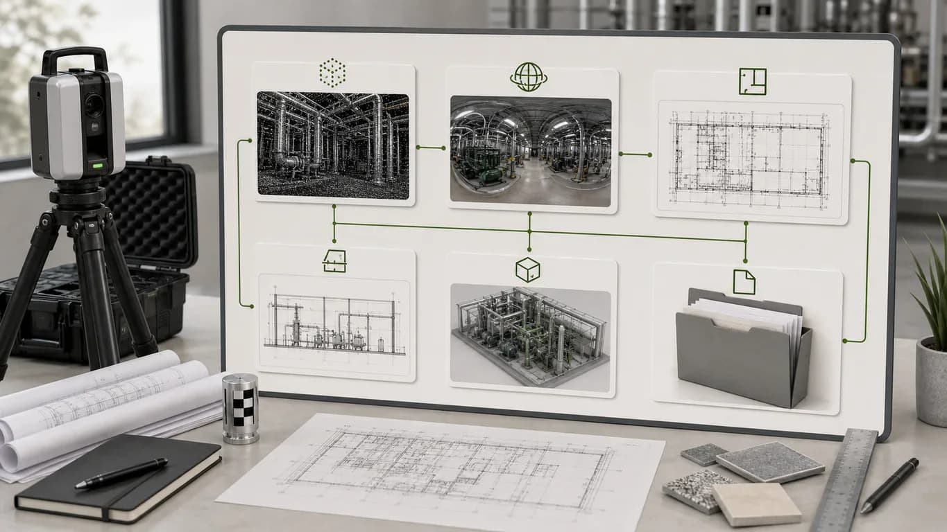 Материалы после 3D-сканирования склада: облако точек, панорамы и DWG-планы